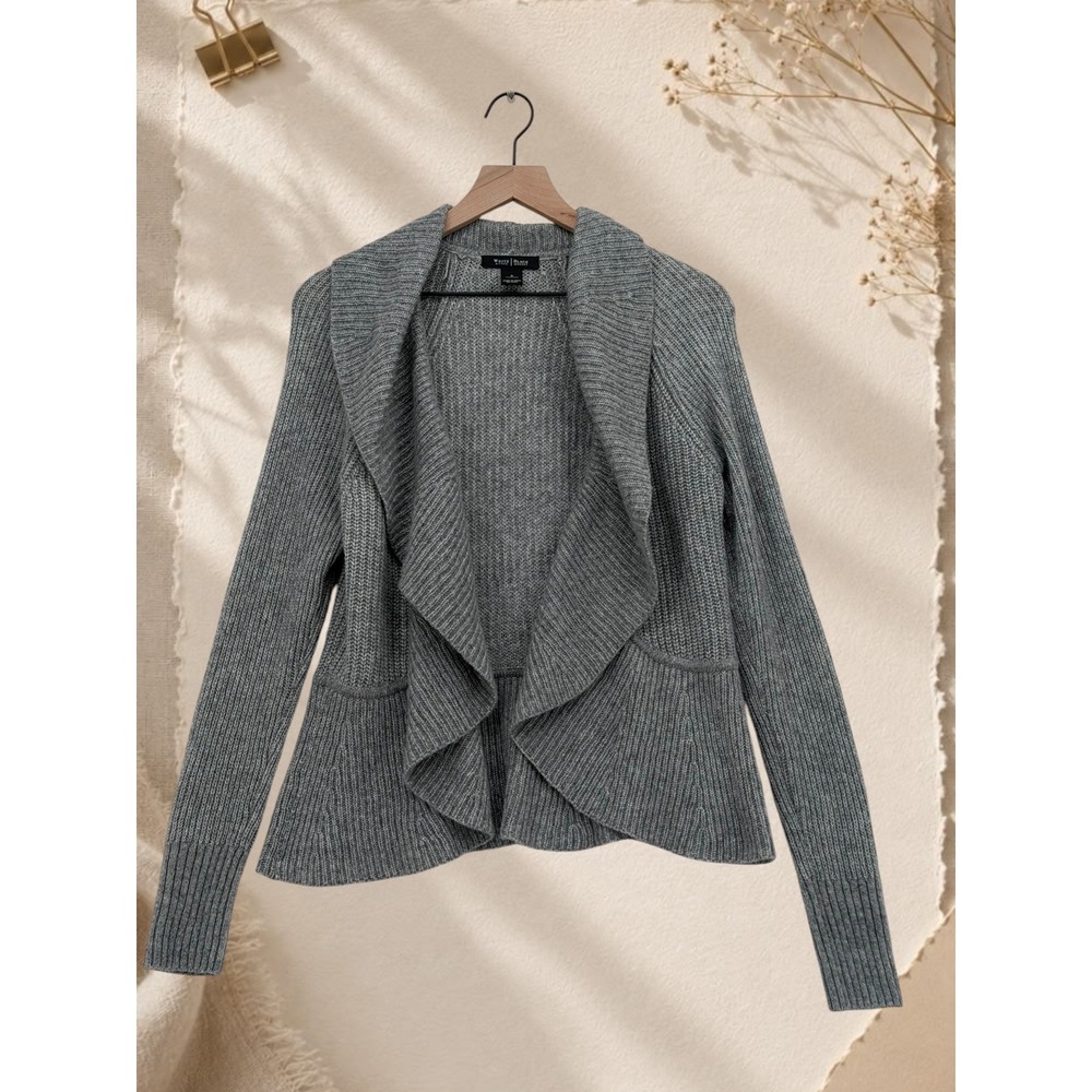 White House Black Market Draped Peplum Ribbed Knit Open Cardigan Gray S
